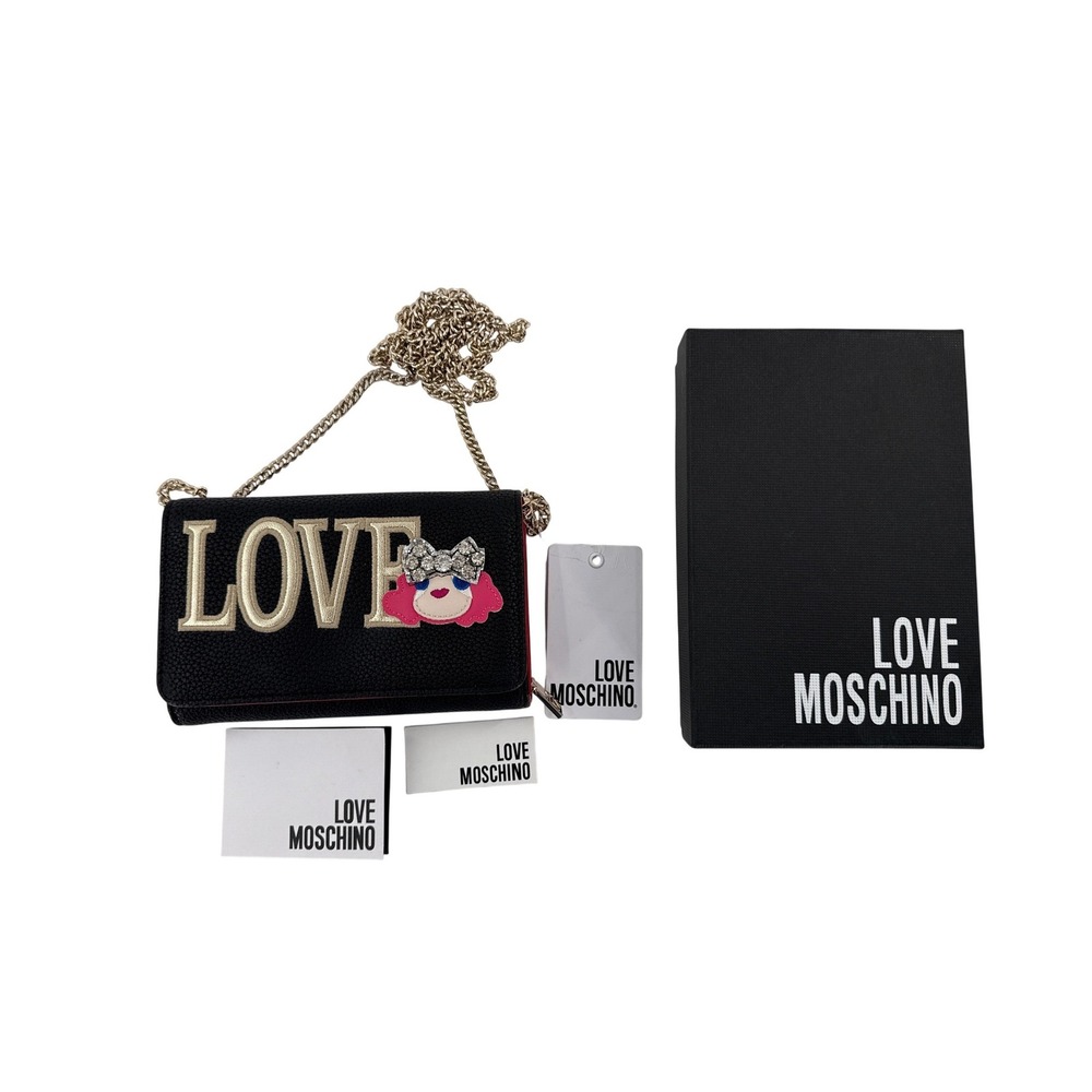 LOVE MOSCHINO Black Faux Leather Chain Wallet Crossbody Bag with Charm